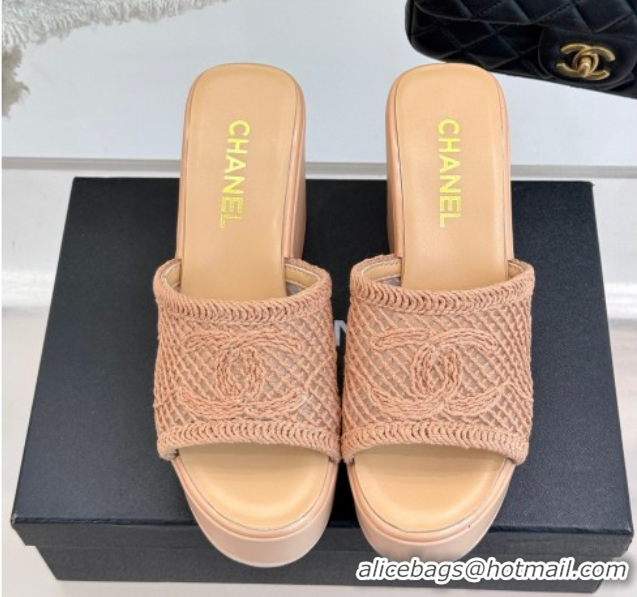 Big Discount Chanel Crochet Mesh Wedge Slides Sandal Rose Beige 2025 CH061005