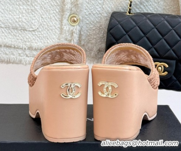 Big Discount Chanel Crochet Mesh Wedge Slides Sandal Rose Beige 2025 CH061005