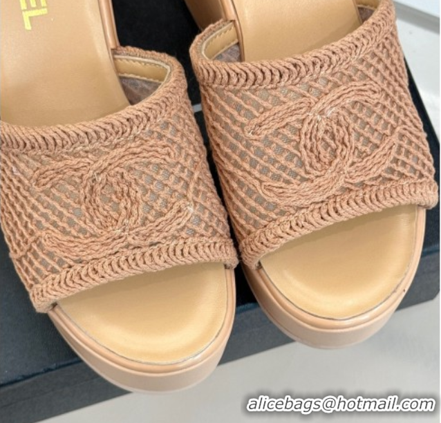 Big Discount Chanel Crochet Mesh Wedge Slides Sandal Rose Beige 2025 CH061005