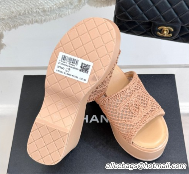 Big Discount Chanel Crochet Mesh Wedge Slides Sandal Rose Beige 2025 CH061005