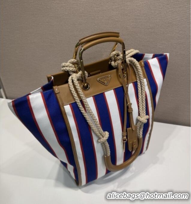 Luxury Cheap Prada Large Printed Canvas and Leather Tote Bag 1BG561 Blue 2025