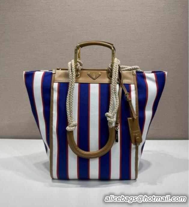 Luxury Cheap Prada Large Printed Canvas and Leather Tote Bag 1BG561 Blue 2025