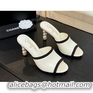 Luxury Chanel Calfskin Slides Sandal 8.5cm with Pearls Heel White 2025 CH061009