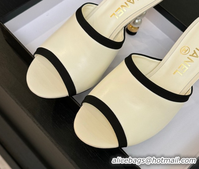 Luxury Chanel Calfskin Slides Sandal 8.5cm with Pearls Heel White 2025 CH061009