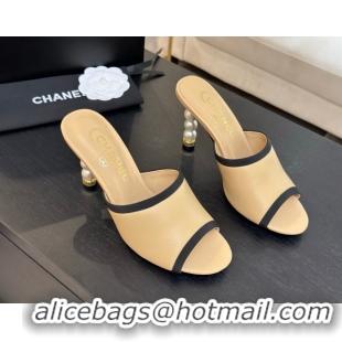 Top Design Chanel Calfskin Slides Sandal 8.5cm with Pearls Heel Beige CH061009
