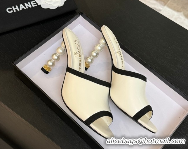 Top Design Chanel Calfskin Slides Sandal 8.5cm with Pearls Heel Beige CH061009