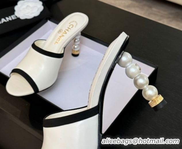 Top Design Chanel Calfskin Slides Sandal 8.5cm with Pearls Heel Beige CH061009