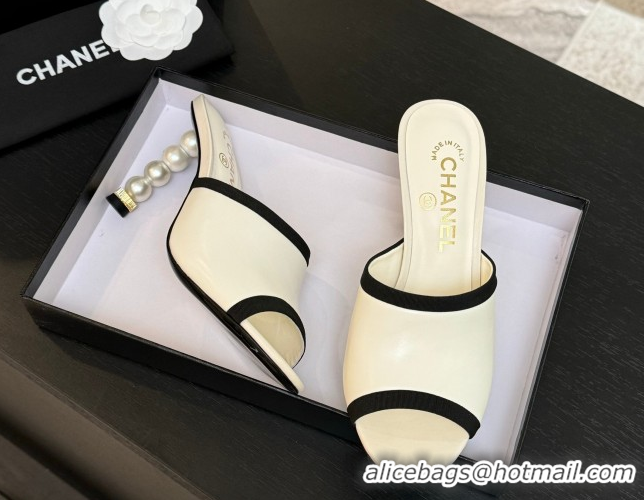 Top Design Chanel Calfskin Slides Sandal 8.5cm with Pearls Heel Beige CH061009