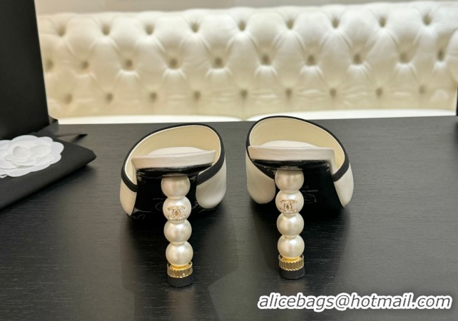 Top Design Chanel Calfskin Slides Sandal 8.5cm with Pearls Heel Beige CH061009