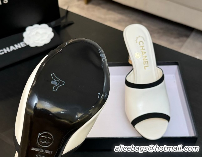 Top Design Chanel Calfskin Slides Sandal 8.5cm with Pearls Heel Beige CH061009