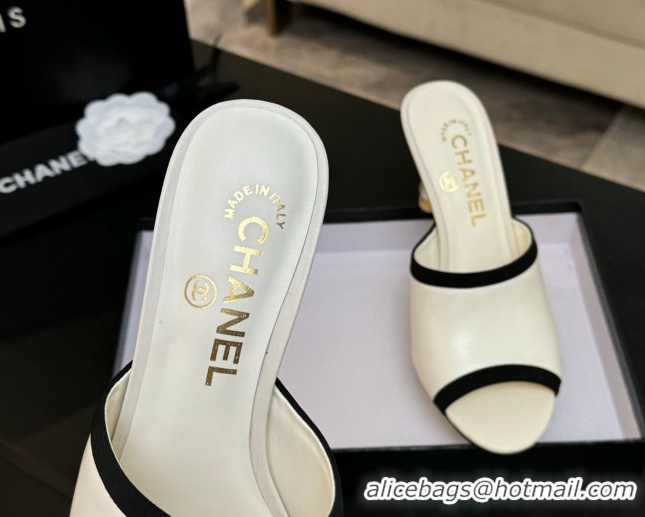 Top Design Chanel Calfskin Slides Sandal 8.5cm with Pearls Heel Beige CH061009