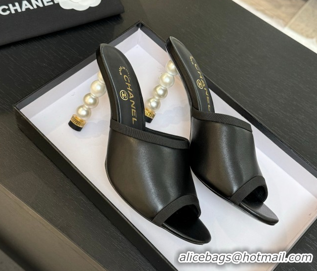Pretty Style Chanel Calfskin Slides Sandal 8.5cm with Pearls Heel Black 2025 CH061009