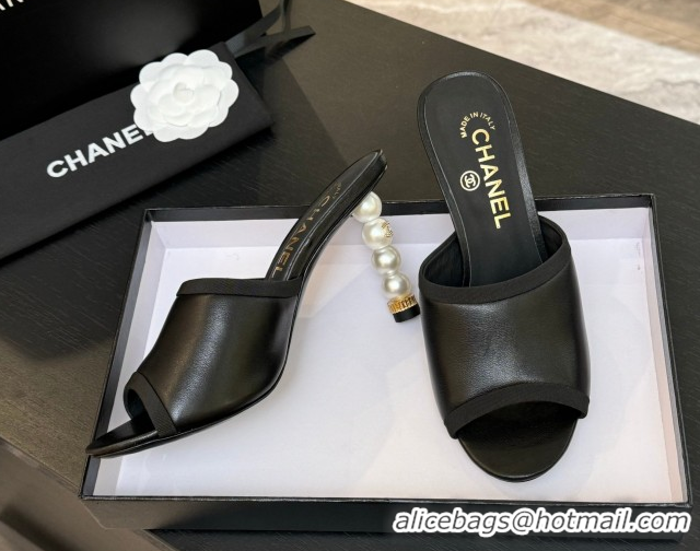 Pretty Style Chanel Calfskin Slides Sandal 8.5cm with Pearls Heel Black 2025 CH061009