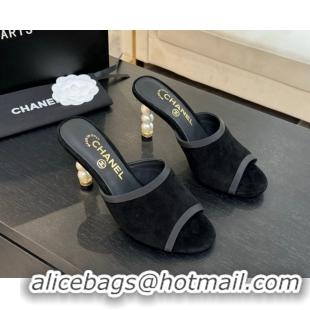 Grade Chanel Suede Slides Sandal 8.5cm with Pearls Heel Black 2025 CH061009
