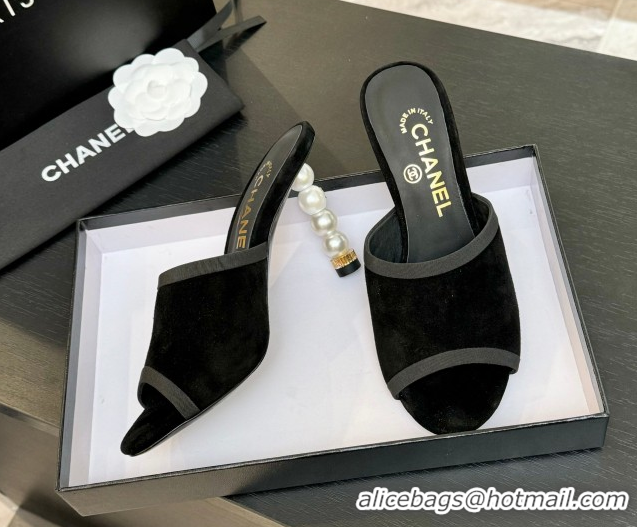Grade Chanel Suede Slides Sandal 8.5cm with Pearls Heel Black 2025 CH061009