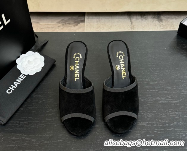 Grade Chanel Suede Slides Sandal 8.5cm with Pearls Heel Black 2025 CH061009