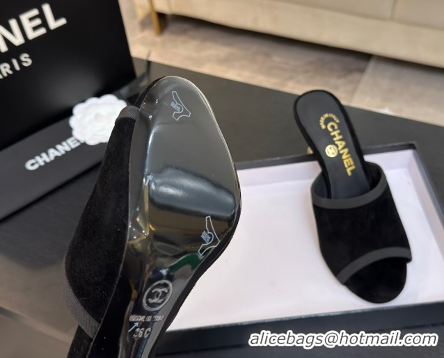Grade Chanel Suede Slides Sandal 8.5cm with Pearls Heel Black 2025 CH061009