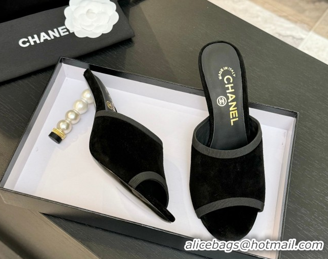 Grade Chanel Suede Slides Sandal 8.5cm with Pearls Heel Black 2025 CH061009