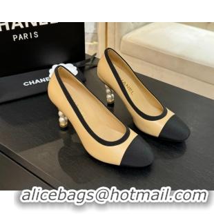 Big Discount Chanel Calfskin & Grosgrain Pumps 8.5cm with Pearls Heel Beige 2025 CH061009