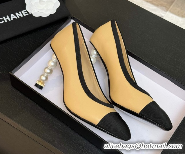 Big Discount Chanel Calfskin & Grosgrain Pumps 8.5cm with Pearls Heel Beige 2025 CH061009