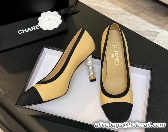 Big Discount Chanel Calfskin & Grosgrain Pumps 8.5cm with Pearls Heel Beige 2025 CH061009
