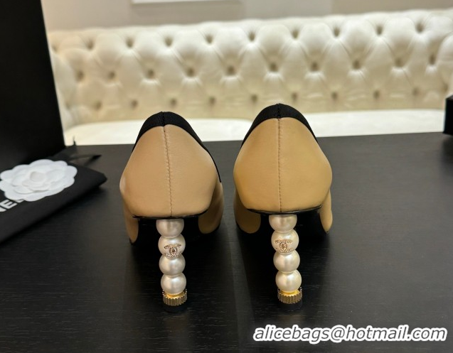 Big Discount Chanel Calfskin & Grosgrain Pumps 8.5cm with Pearls Heel Beige 2025 CH061009