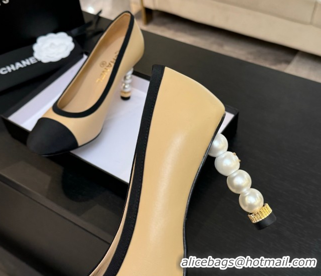 Big Discount Chanel Calfskin & Grosgrain Pumps 8.5cm with Pearls Heel Beige 2025 CH061009
