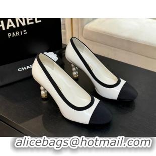 Stylish Chanel Calfskin & Grosgrain Pumps 8.5cm with Pearls Heel White 2025 CH061009