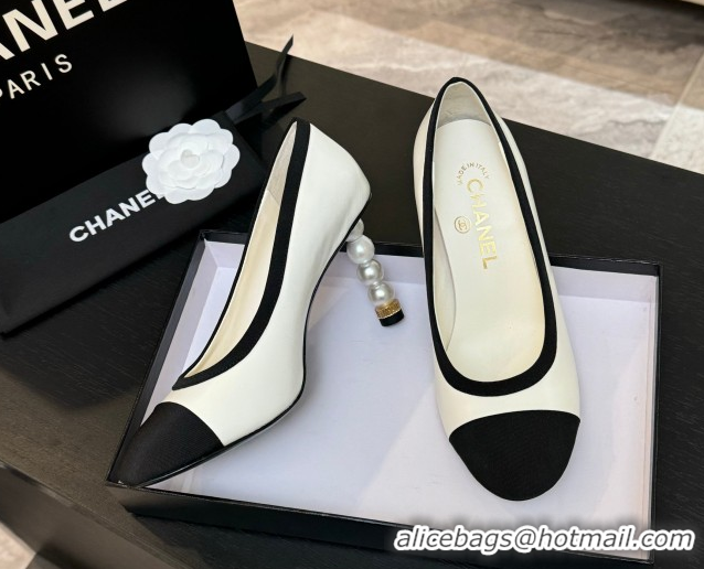 Stylish Chanel Calfskin & Grosgrain Pumps 8.5cm with Pearls Heel White 2025 CH061009