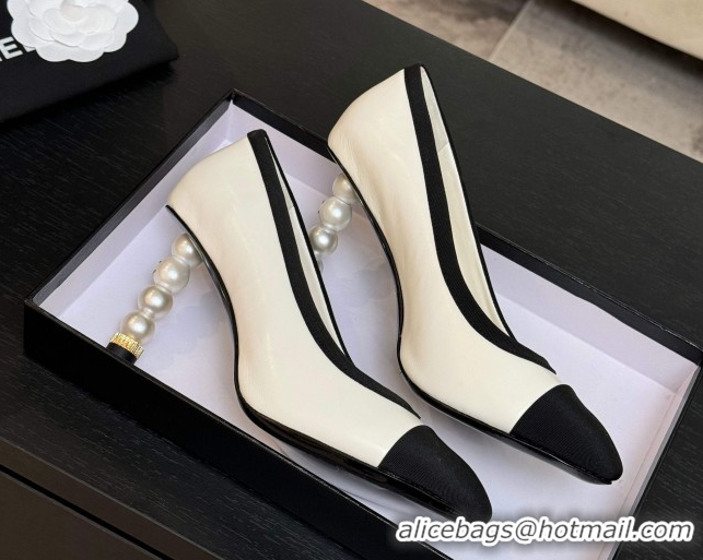 Stylish Chanel Calfskin & Grosgrain Pumps 8.5cm with Pearls Heel White 2025 CH061009