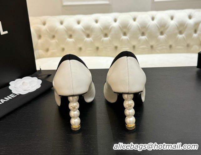 Stylish Chanel Calfskin & Grosgrain Pumps 8.5cm with Pearls Heel White 2025 CH061009