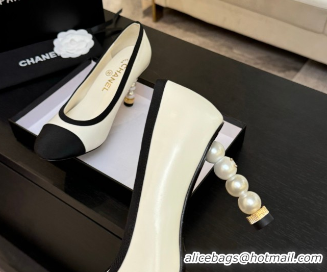 Stylish Chanel Calfskin & Grosgrain Pumps 8.5cm with Pearls Heel White 2025 CH061009