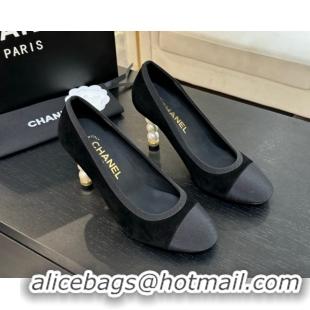 Best Grade Chanel Suede & Grosgrain Pumps 8.5cm with Pearls Heel Black 2025 CH061009