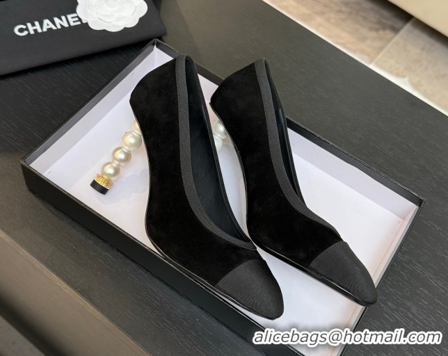 Best Grade Chanel Suede & Grosgrain Pumps 8.5cm with Pearls Heel Black 2025 CH061009