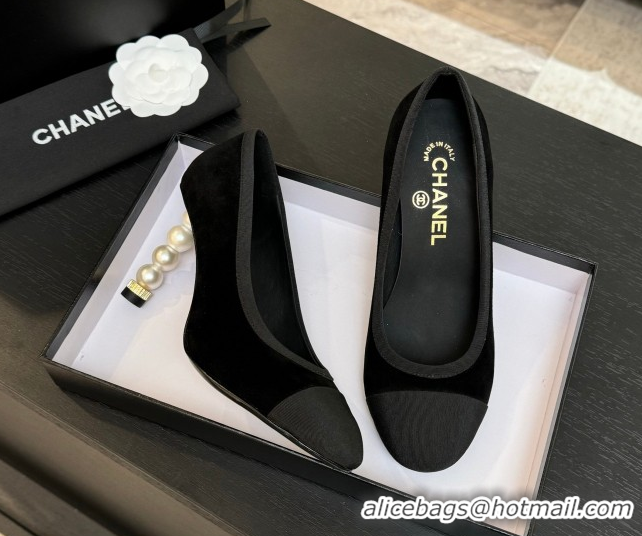 Best Grade Chanel Suede & Grosgrain Pumps 8.5cm with Pearls Heel Black 2025 CH061009