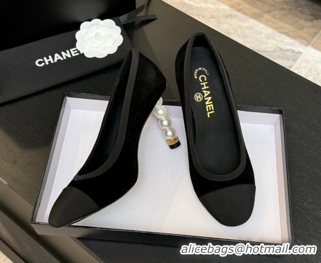 Best Grade Chanel Suede & Grosgrain Pumps 8.5cm with Pearls Heel Black 2025 CH061009