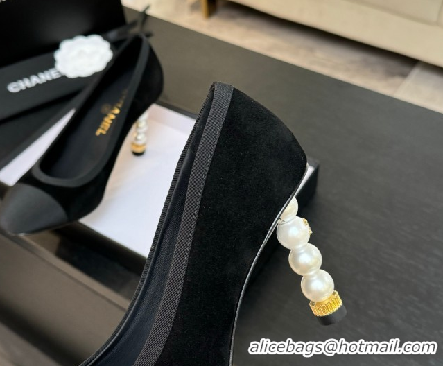 Best Grade Chanel Suede & Grosgrain Pumps 8.5cm with Pearls Heel Black 2025 CH061009