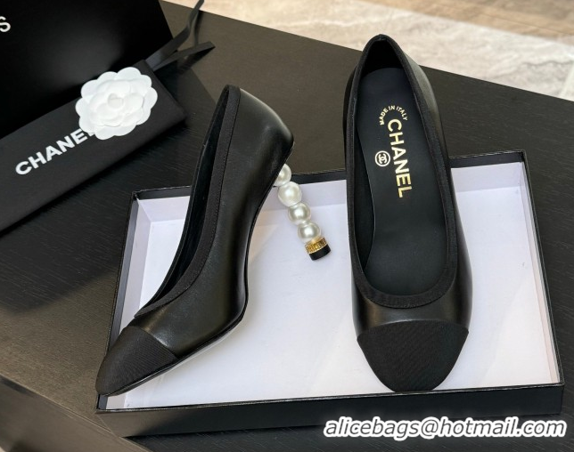 Charming Chanel Calfskin & Grosgrain Pumps 8.5cm with Pearls Heel Black 2025 CH061009