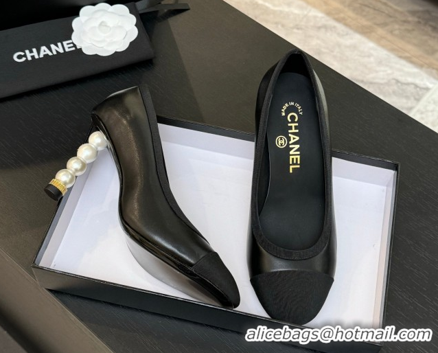 Charming Chanel Calfskin & Grosgrain Pumps 8.5cm with Pearls Heel Black 2025 CH061009