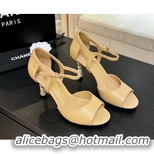 Durable Chanel Calfskin Leather Sandals 8.5cm with Pearls Heel Beige 2025 CH061009