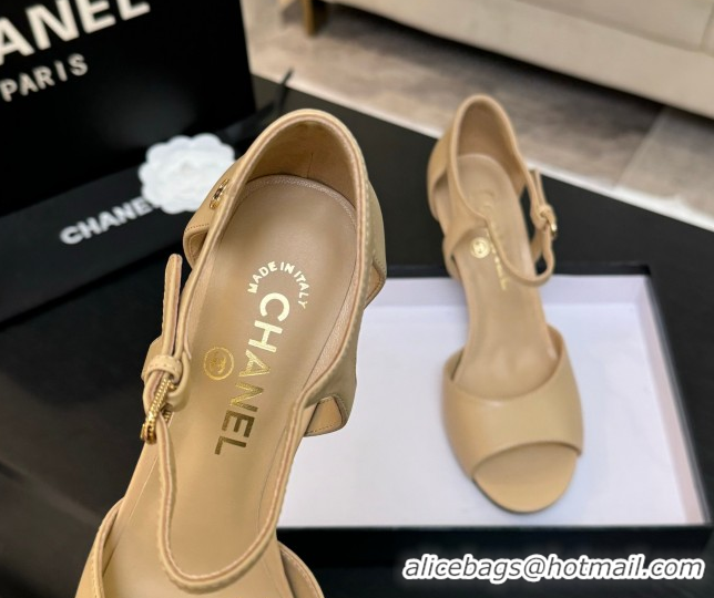 Durable Chanel Calfskin Leather Sandals 8.5cm with Pearls Heel Beige 2025 CH061009