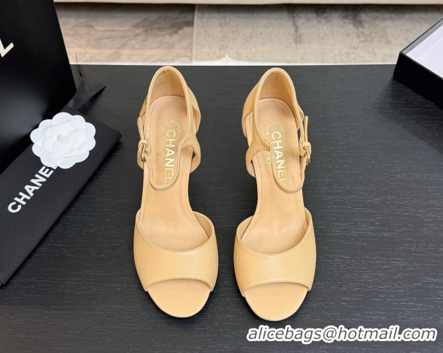 Durable Chanel Calfskin Leather Sandals 8.5cm with Pearls Heel Beige 2025 CH061009