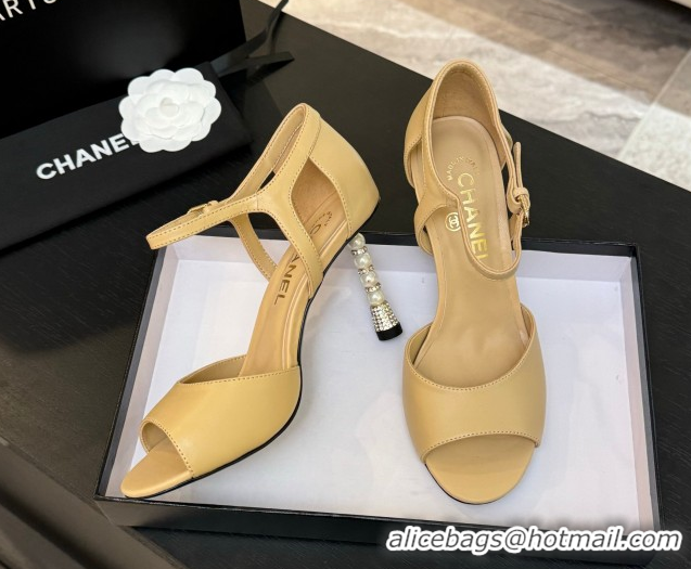 Durable Chanel Calfskin Leather Sandals 8.5cm with Pearls Heel Beige 2025 CH061009