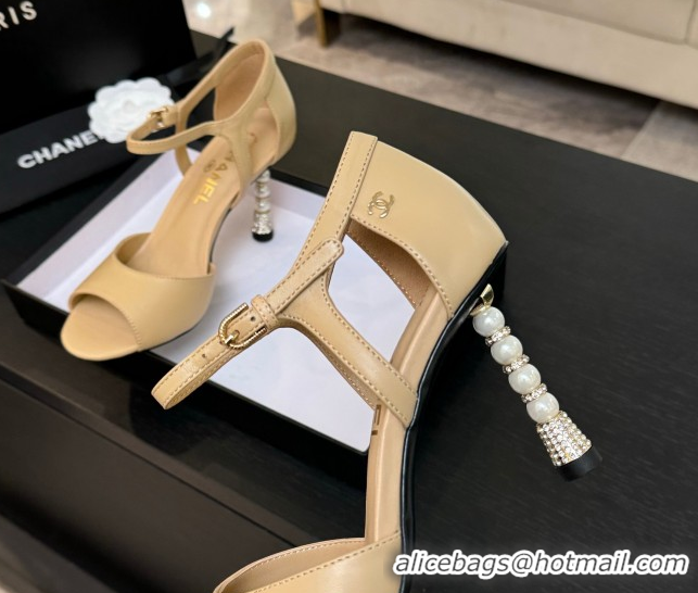 Durable Chanel Calfskin Leather Sandals 8.5cm with Pearls Heel Beige 2025 CH061009
