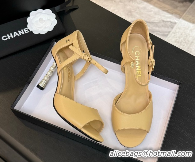 Durable Chanel Calfskin Leather Sandals 8.5cm with Pearls Heel Beige 2025 CH061009