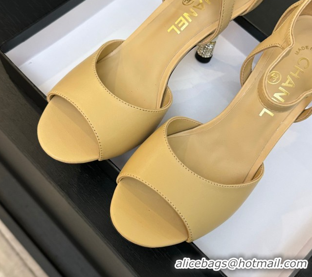 Durable Chanel Calfskin Leather Sandals 8.5cm with Pearls Heel Beige 2025 CH061009