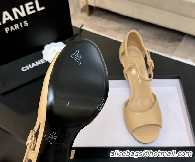 Durable Chanel Calfskin Leather Sandals 8.5cm with Pearls Heel Beige 2025 CH061009