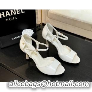 Luxurious Chanel Calfskin Leather Sandals 8.5cm with Pearls Heel White 2025 CH061009