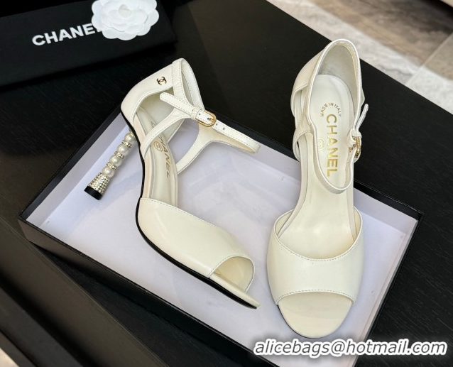 Luxurious Chanel Calfskin Leather Sandals 8.5cm with Pearls Heel White 2025 CH061009