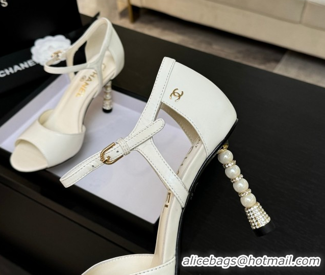 Luxurious Chanel Calfskin Leather Sandals 8.5cm with Pearls Heel White 2025 CH061009
